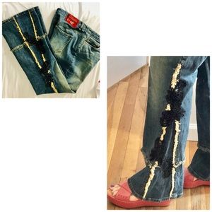 Vintage Telluride Flare Leg Jeans with Fringe/Lace Accents Size 12 34” waist